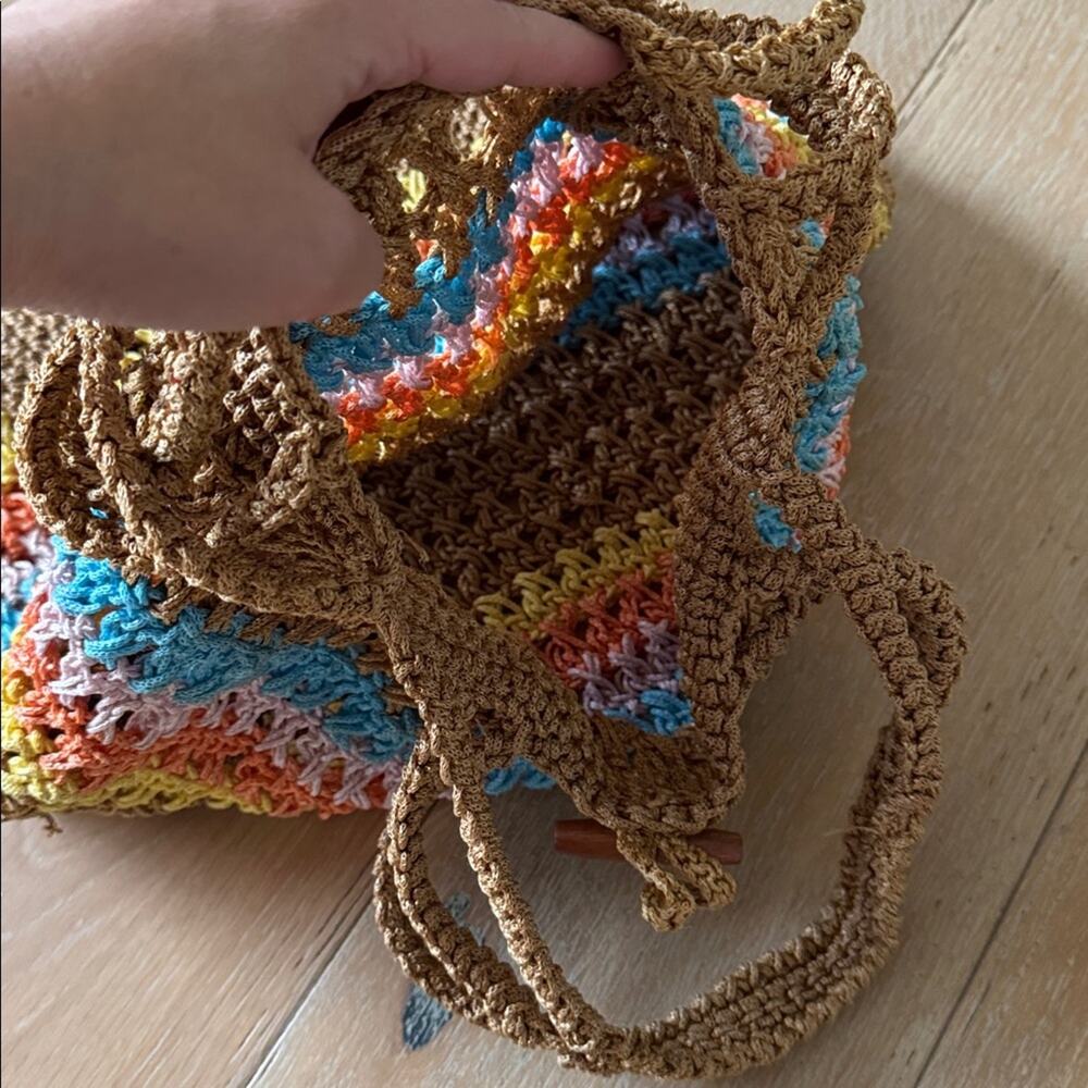 Boho Chic Crochet Festival Tote Bag Multicolor Stripe Beach Market Bag Cottage - Picture 5 of 6